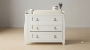 Front view of a sturdy white changing dresser with deep drawers and a secure top surface.