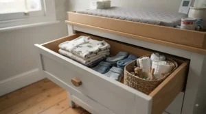 A wooden changing dresser featuring deep, smooth-glide drawers perfect for storing toddler clothes and toys.