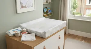 Standard-sized waterproof changing mat fitted neatly onto a wooden nursery changing unit.