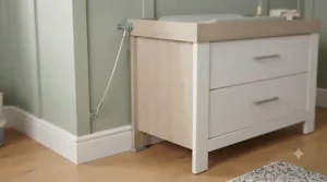 Sturdy baby changing dresser with raised safety barriers and anti-tip wall straps
