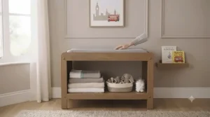 A durable changing table styled in a neutral, contemporary British family home nursery.