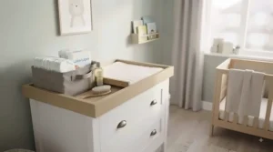 High-quality non-toxic wooden finish on a modern nursery changing dresser, assessed in top rated changing dresser reviews.