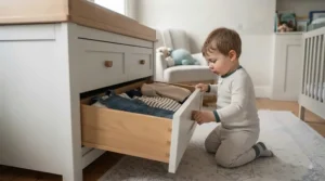 A toddler picking out their own outfit from the lower drawers of a versatile changing dresser, highlighting its long-lasting utility.