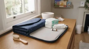 A compact travel baby changing mat folded neatly into a nappy changing bag.