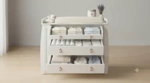 Open drawers of a white changing dresser filled with neatly organised baby clothes and essentials.