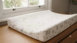 Close-up of a parent wiping clean a waterproof baby changing mat with a damp cloth.