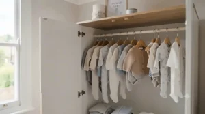 Close-up of a sturdy wooden hanging rail inside a baby wardrobe, packed with tiny clothes.