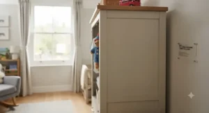 Internal view of the sturdiest baby wardrobe showing adjustable wooden shelves and a sturdy hanging rail for baby clothes organisation[cite: 3]