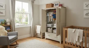 Safety wall-anchoring bracket attached securely to the back of the sturdiest baby wardrobe to prevent tipping[cite: 8]