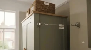 Safety wall-anchoring bracket installed securely on a small nursery wardrobe for compact rooms.