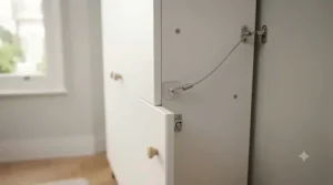 Close-up of an anti-tip safety wall bracket installed on a nursery wardrobe.