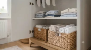 Adjustable internal shelves inside a nursery wardrobe, neatly organised with folded baby sleepsuits and blankets.