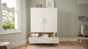 A two-door nursery wardrobe with a spacious bottom drawer for extra baby storage.