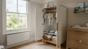 Stylish baby wardrobe with a hanging rail and shelves in a modern British nursery, providing practical storage for children's clothes.
