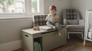 Multi-functional toy storage box for nursery doubling as a children's reading bench