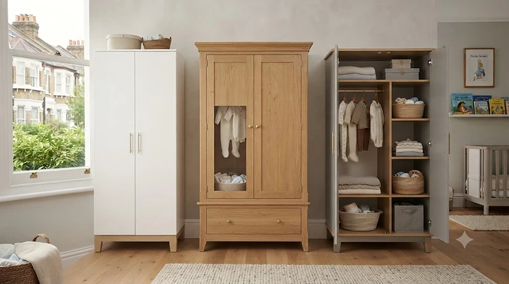Selection of white, grey, and wooden baby wardrobes compared for UK nurseries.