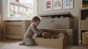 Young toddler actively participating in a tidy-up routine by placing wooden blocks back into colourful open storage bins on a cube shelf.