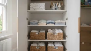Compact baby wardrobe with hanging rail and shelves fitted into a small UK nursery room.