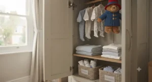 Scale comparison of a durable double baby wardrobe positioned neatly in a compact UK nursery room[cite: 7]