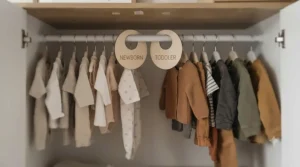 Space-saving double baby wardrobe positioned neatly against a neutral-painted wall in a small UK box room nursery.