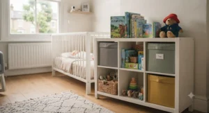 Cube storage unit with colourful toy boxes sitting on a soft nursery rug ready for playtime.