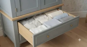Open view of a wide, smooth-sliding bottom drawer on a nursery wardrobe filled with folded baby sleepsuits and cellular blankets.
