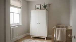 Tall double baby wardrobe adapted with full-length hanging space for an older toddler's growing wardrobe collection.