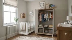 Double baby wardrobe paired with a matching cot bed and chest of drawers in a cohesive neutral nursery layout.