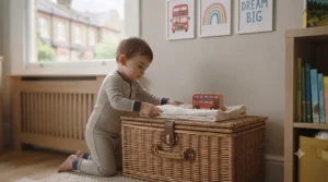 A stylish fabric storage basket with a secure lid, keeping plush toys and nursery linen dust-free in a tidy room.