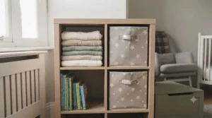 Foldable fabric toy storage box for nursery shelving units and cube storage