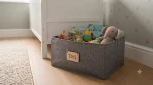 Collapsible fabric storage box offering budget-friendly nursery storage under £30 for kids' toys and clutter