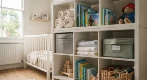 Organised shelves of a cube storage unit in a baby nursery, featuring neatly folded cellular blankets and soft toys.