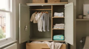 Internal view of a small nursery wardrobe for compact rooms featuring adjustable shelves and hanging rails.