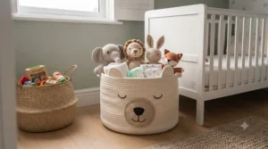Cute animal-themed knitted cotton basket adding playful nursery storage under £30 for a baby's room.