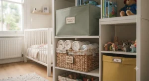 Woven wicker baskets labelled with baby essentials inside a white cube storage unit.