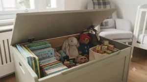 Large toy storage box for nursery helping to neatly organise books and teddy bears