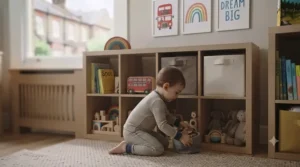 Versatile oak cube storage unit filled with books and toys, demonstrating a storage solution that transitions from a nursery to an older child's bedroom.