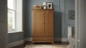 High-end wooden baby wardrobe with soft-close doors and matching nursery furniture.