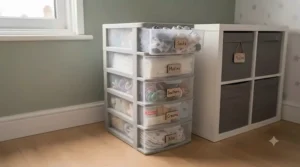 Compact multi-drawer storage tower providing practical nursery storage under £30 for baby socks and accessories.
