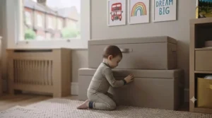 Calm, minimalist neutral nursery interior featuring closed, fabric ottoman storage trunks that keep clutter neatly hidden away.