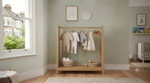 Open low-level wooden Montessori child's clothes rail for toddler independence.