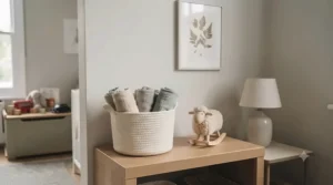 Neutral-toned toy storage box for nursery interior matching contemporary home decor