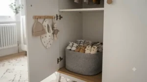 Scandi-style wooden double baby wardrobe with minimalist handles, fitting a gender-neutral shared nursery design.