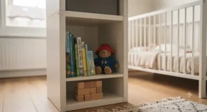 Low-level cube storage unit filled with children's books to create an accessible reading corner for toddlers.