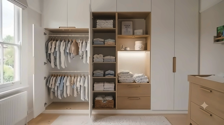 Beautifully styled British nursery room featuring a functional baby wardrobe with hanging rail and shelves. baby wardrobe with hanging rail and shelves