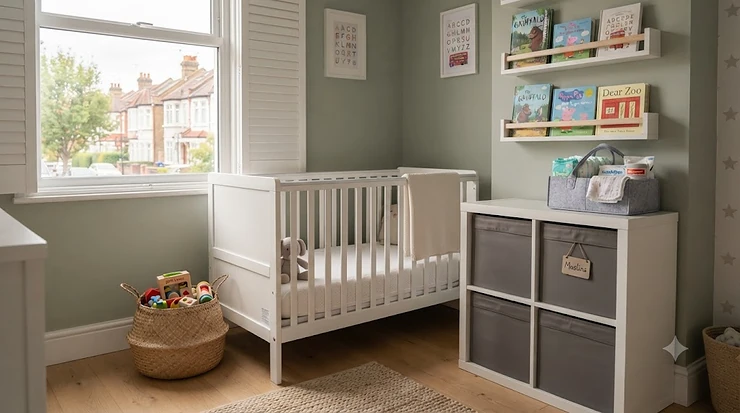Affordable nursery storage under £30 featuring a neutral canvas toy basket and woven shelves for baby room organisation. nursery storage under £30