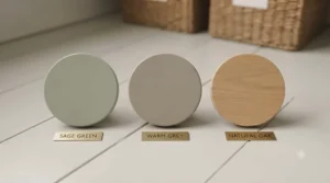 Colour swatches including white, grey, and cashmere for a small nursery wardrobe for compact rooms.
