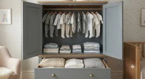 Close-up of a nursery wardrobe interior showing adjustable shelving, hanging rails, and deep bottom drawers for organizing baby clothing and blankets.