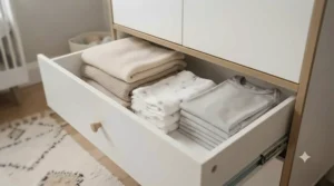 Close-up of wardrobe dividers inside a double baby wardrobe, separating newborn and toddler clothing for two siblings.