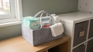 Grey felt nappy caddy acting as budget nursery storage under £30 for baby changing essentials and wipes